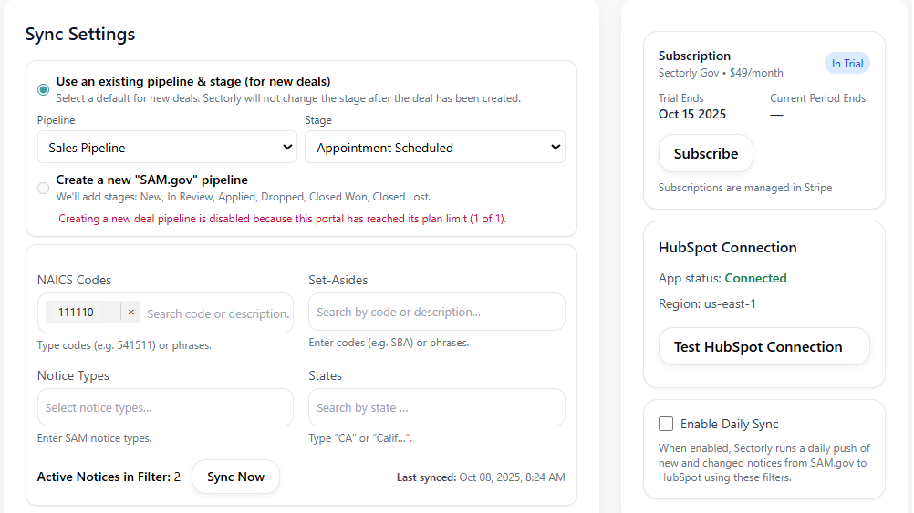 Set your filters and sync opportunities